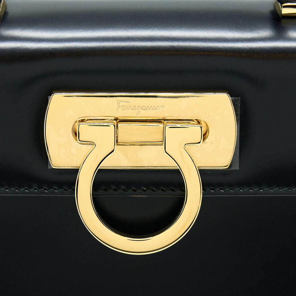 SALVATORE FERRAGAMO GANCINI TOP HANDLE BAG CALFSKIN BLACK GHW