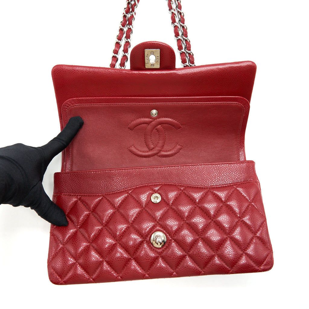CHANEL MEDIUM CLASSIC DOUBLE FLAP BAG CAVIAR RED SHW