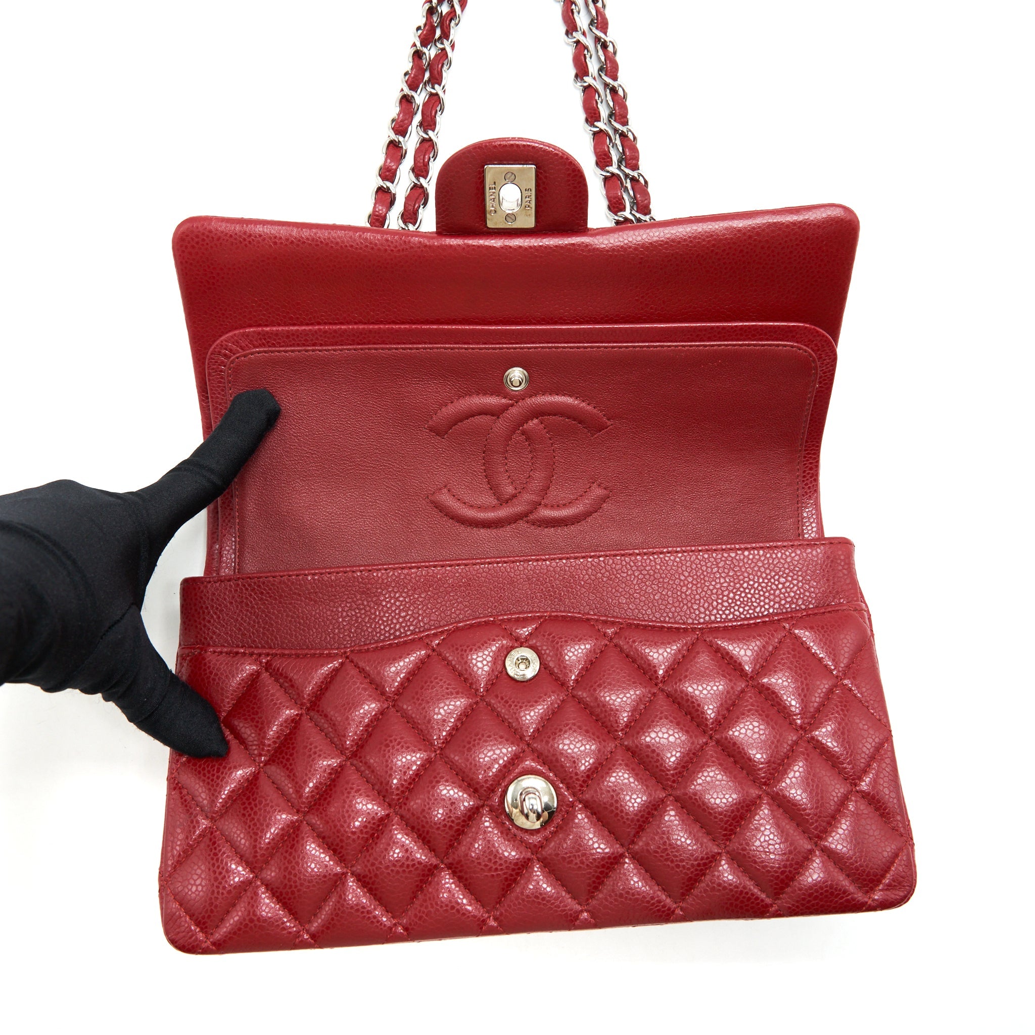CHANEL MEDIUM CLASSIC DOUBLE FLAP BAG CAVIAR RED SHW