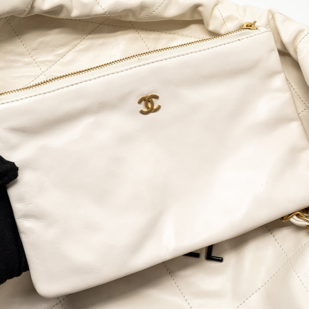 CHANEL SMALL 22 BAG WITH BLACK LETTER LOGO CALFSKIN WHITE GHW (MICROCHIP)