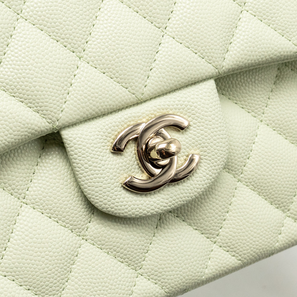 CHANEL SMALL CLASSIC DOUBLE FLAP BAG CAVIAR LIGHT GREEN LGHW (MICROCHIP)