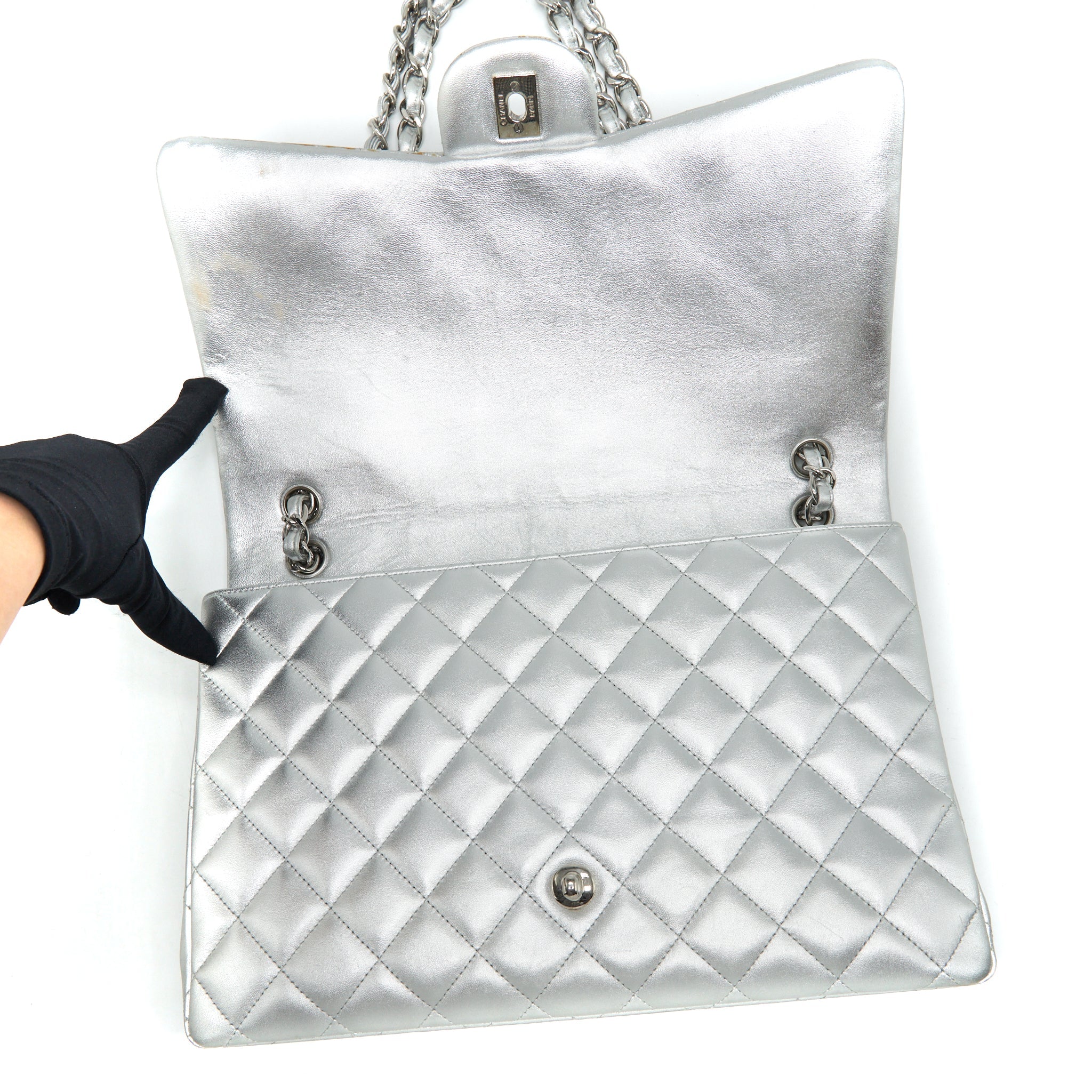 CHANEL MAXI CLASSIC DOUBLE FLAP BAG LAMBSKIN SLIVER SHW
