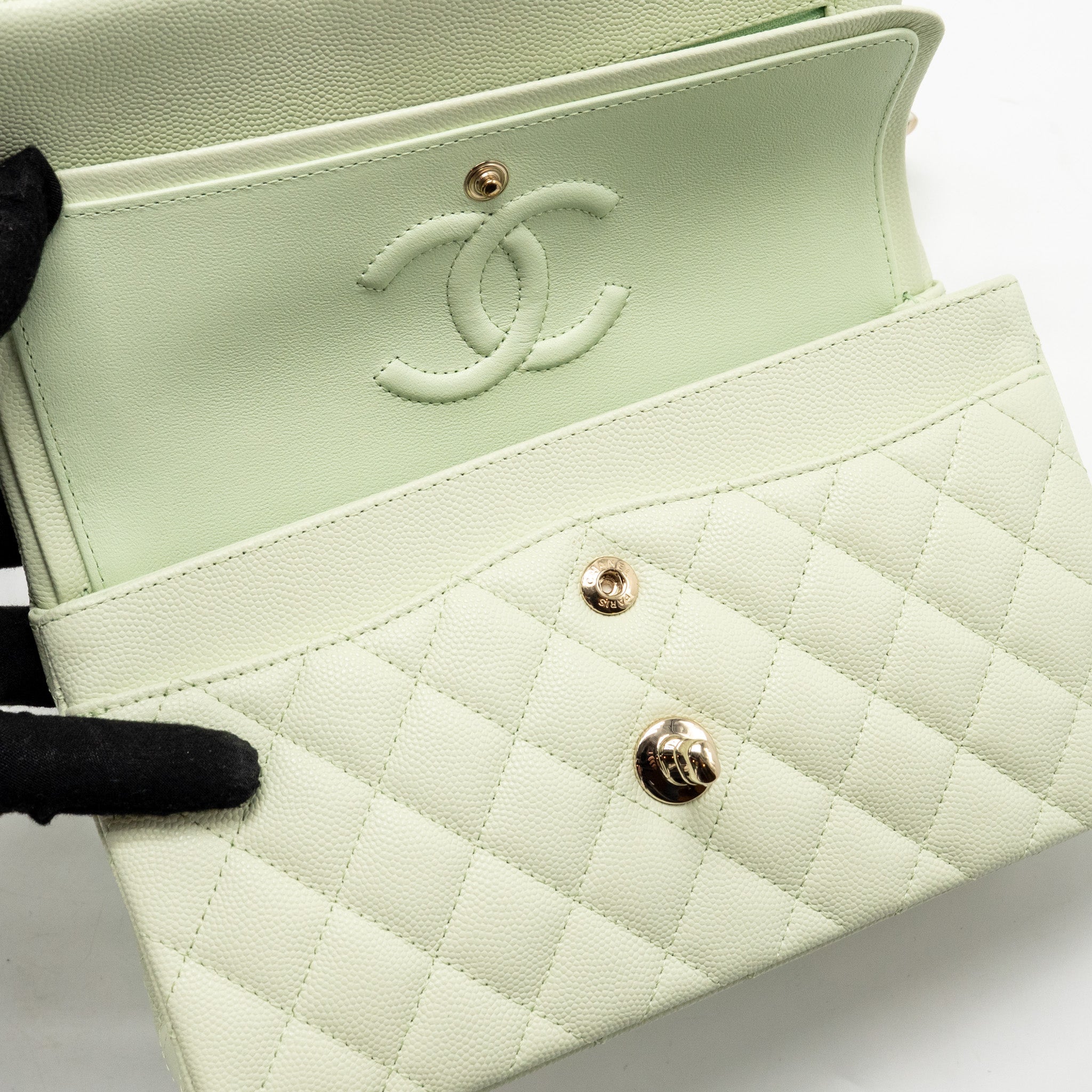 CHANEL SMALL CLASSIC DOUBLE FLAP BAG CAVIAR LIGHT GREEN LGHW (MICROCHIP)