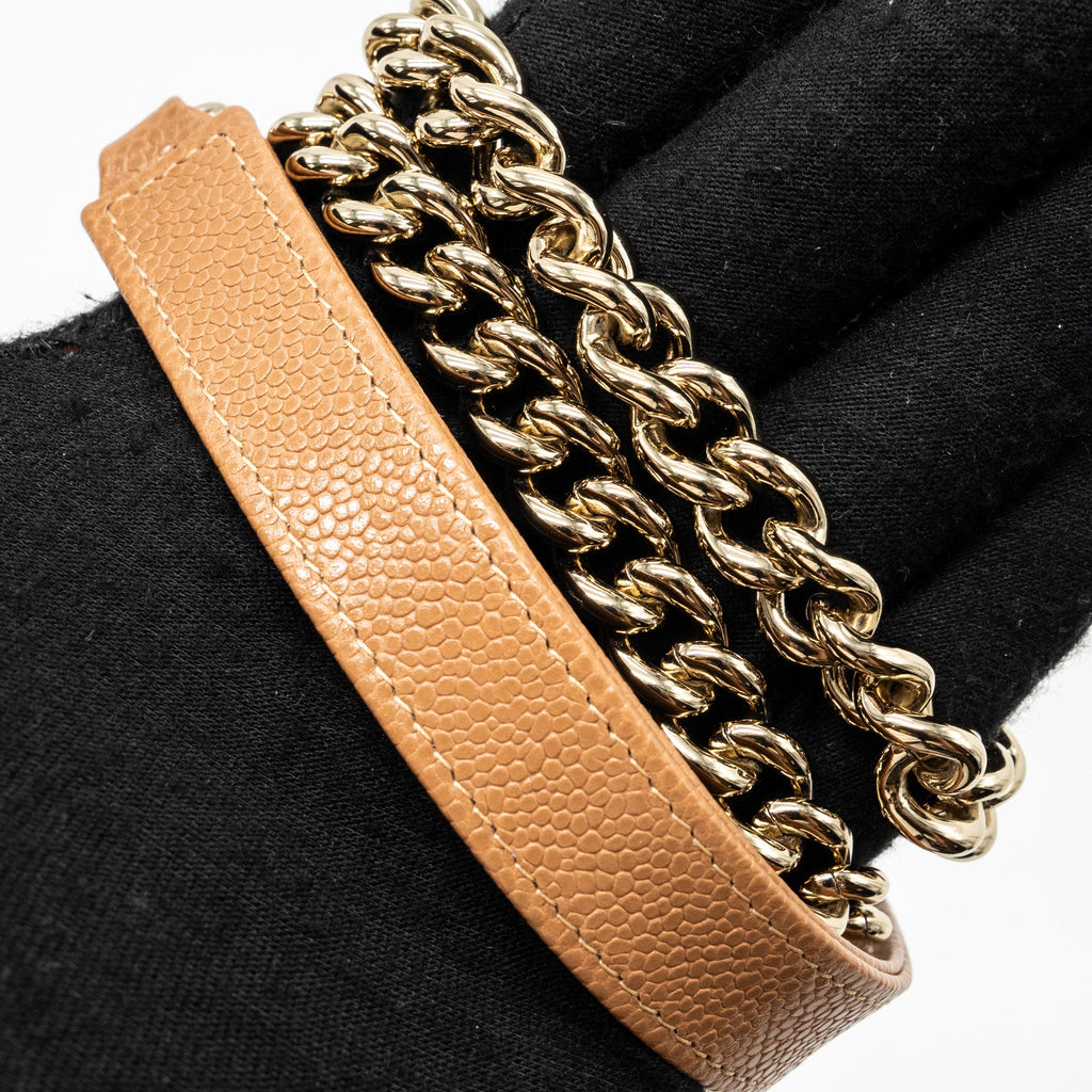 CHANEL BOY WALLET ON CHAIN CAVIAR LIGHT CARAMEL LGHW (MICROCHIP)