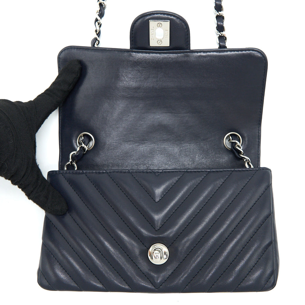 CHANEL MINI RECTANGULAR FLAP BAG CHEVRON LAMBSKIN NAVY SHW