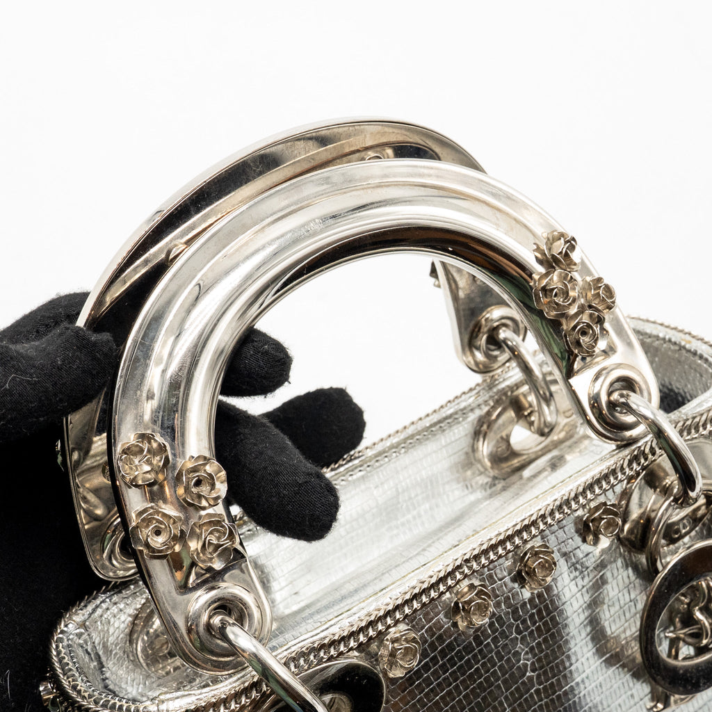 DIOR MINI LADY DIOR FLOWER STUDDED METAL HANDLE LIZARD SILVER SHW