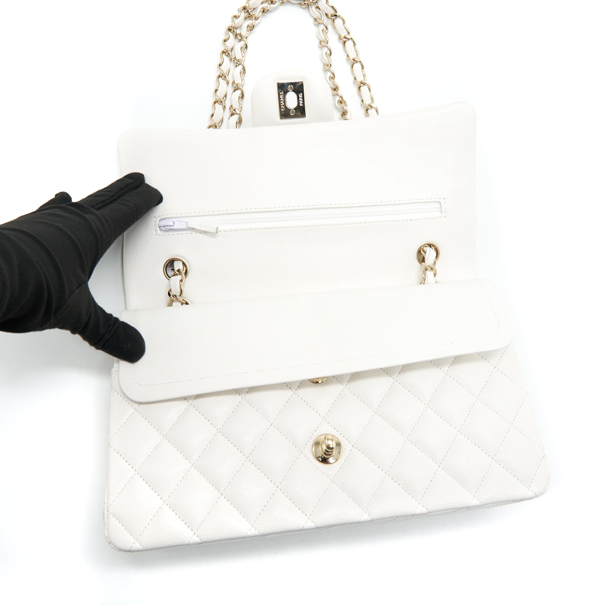 CHANEL MEDIUM CLASSIC DOUBLE FLAP BAG CAVIAR WHITE WITH LGHW