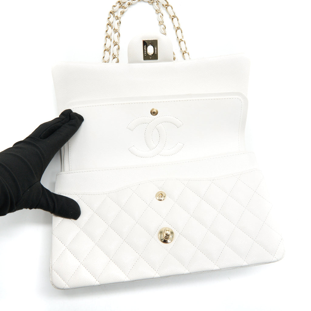 CHANEL MEDIUM CLASSIC DOUBLE FLAP BAG CAVIAR WHITE WITH LGHW