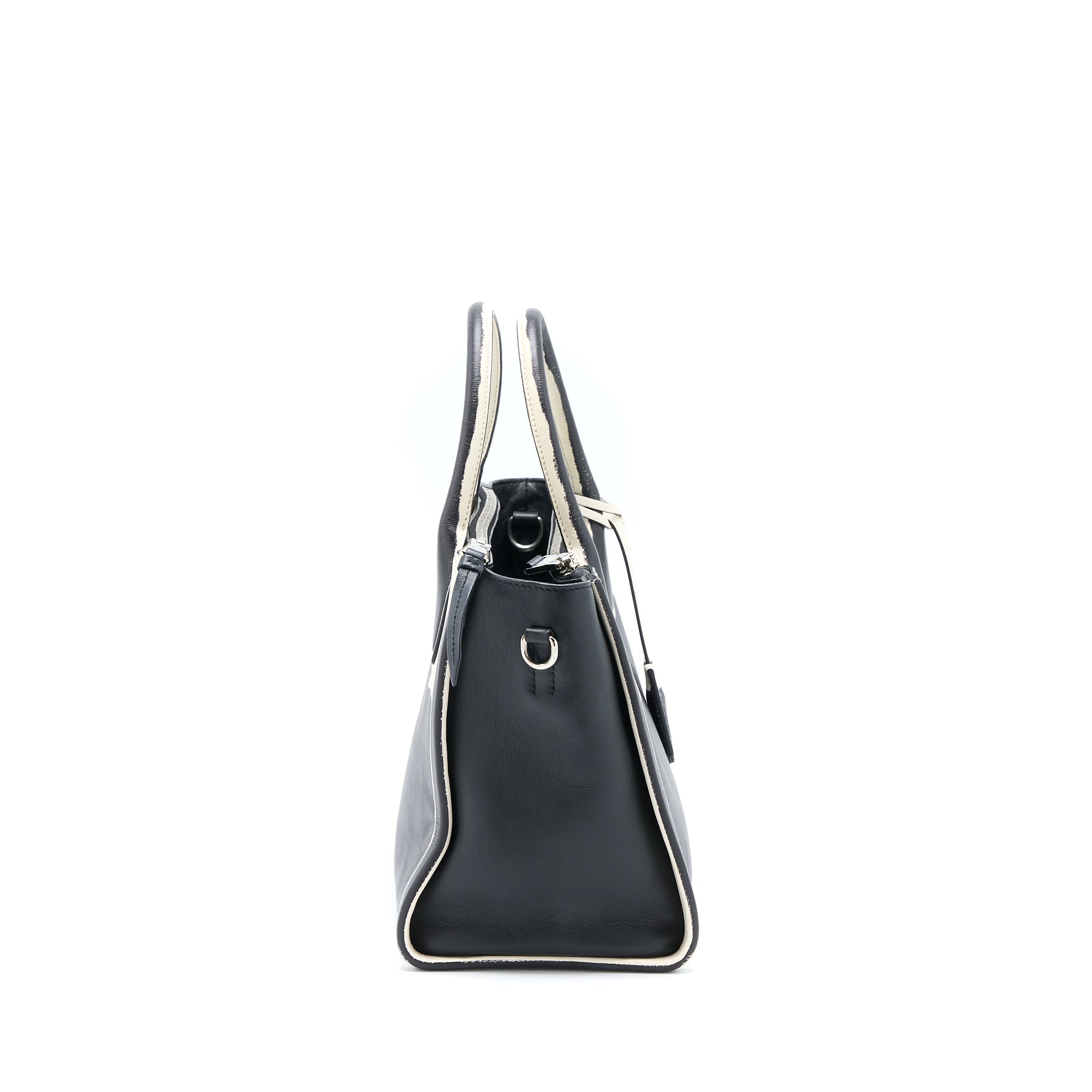 PRADA DOUBLE ZIP TOTE BAG CALFSKIN BLACK/WHITE SHW