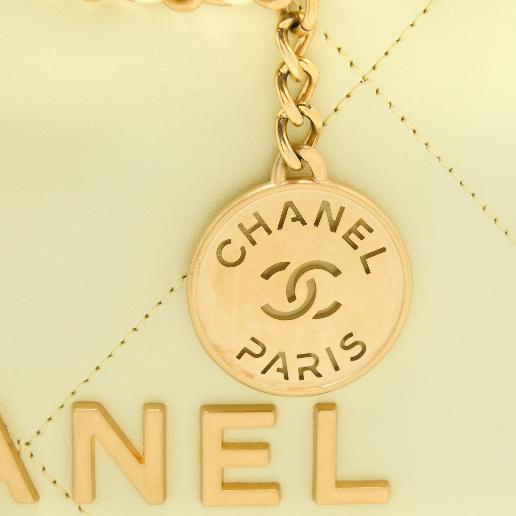CHANEL 23S MINI 22 BAG SHINY CALFSKIN LIGHT YELLOW GHW (MICROCHIP)