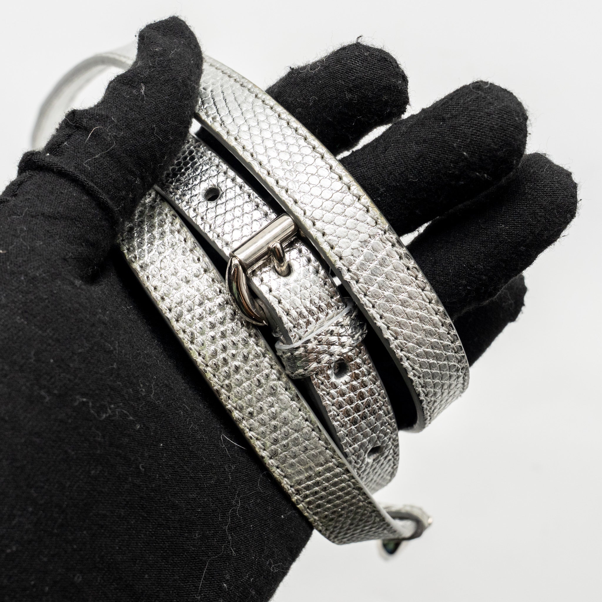 DIOR MINI LADY DIOR FLOWER STUDDED METAL HANDLE LIZARD SILVER SHW