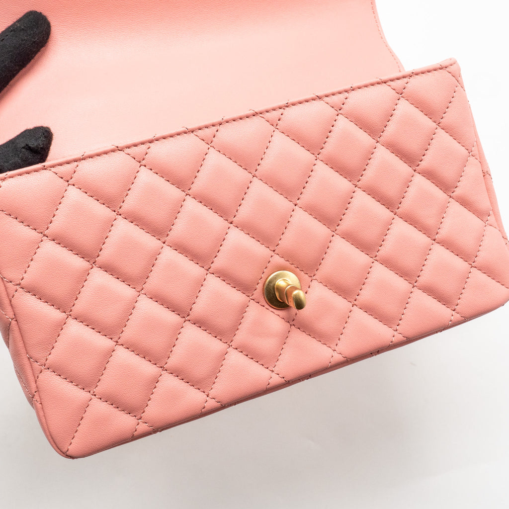 CHANEL 23K DETAIL TOP HANDLE FLAP BAG LAMBSKIN PINK GHW (MICROCHIP)