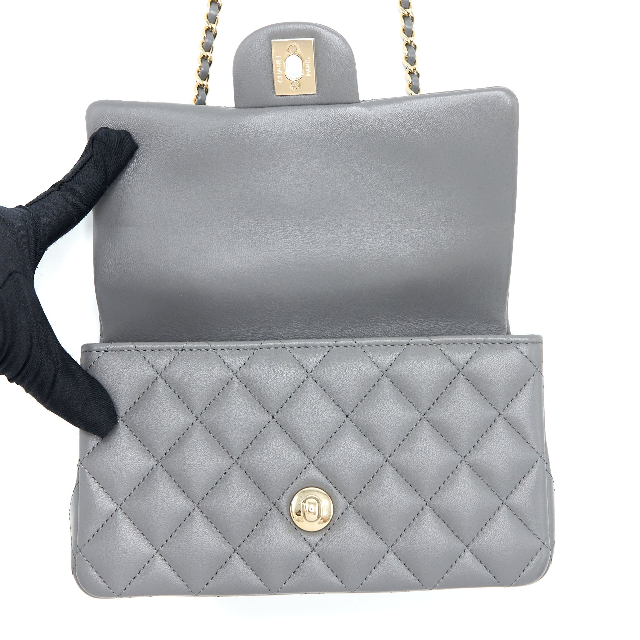 CHANEL TOP HANDLE MINI RECTANGULAR FLAP BAG LAMBSKIN GREY LGHW (MICROCHIP)