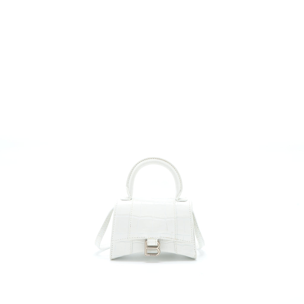BALENCIAGA MINI HOURGLASS BAG CROC EMBOSSED CALFSKIN WHITE SHW