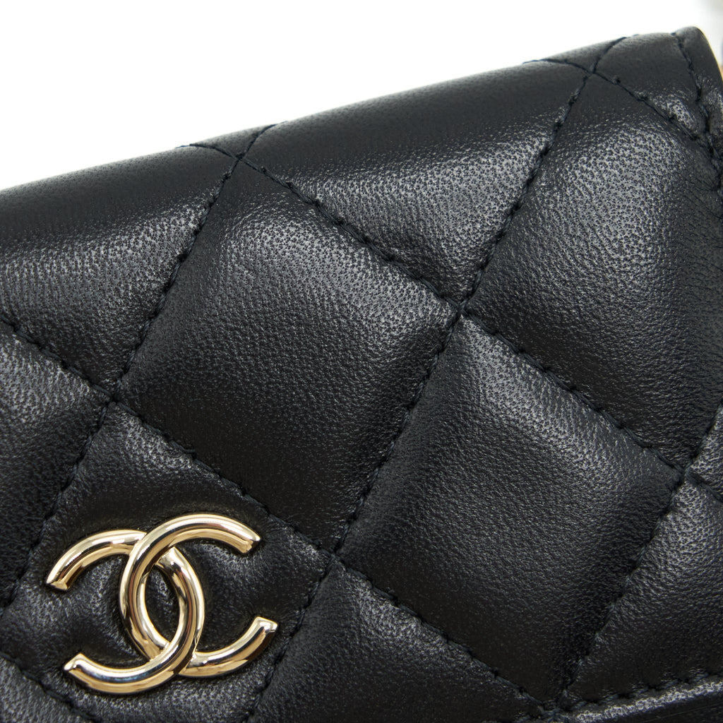 CHANEL MINI FLAP BAG WITH CAMELLIA CHAIN LAMBSKIN BLACK LGHW