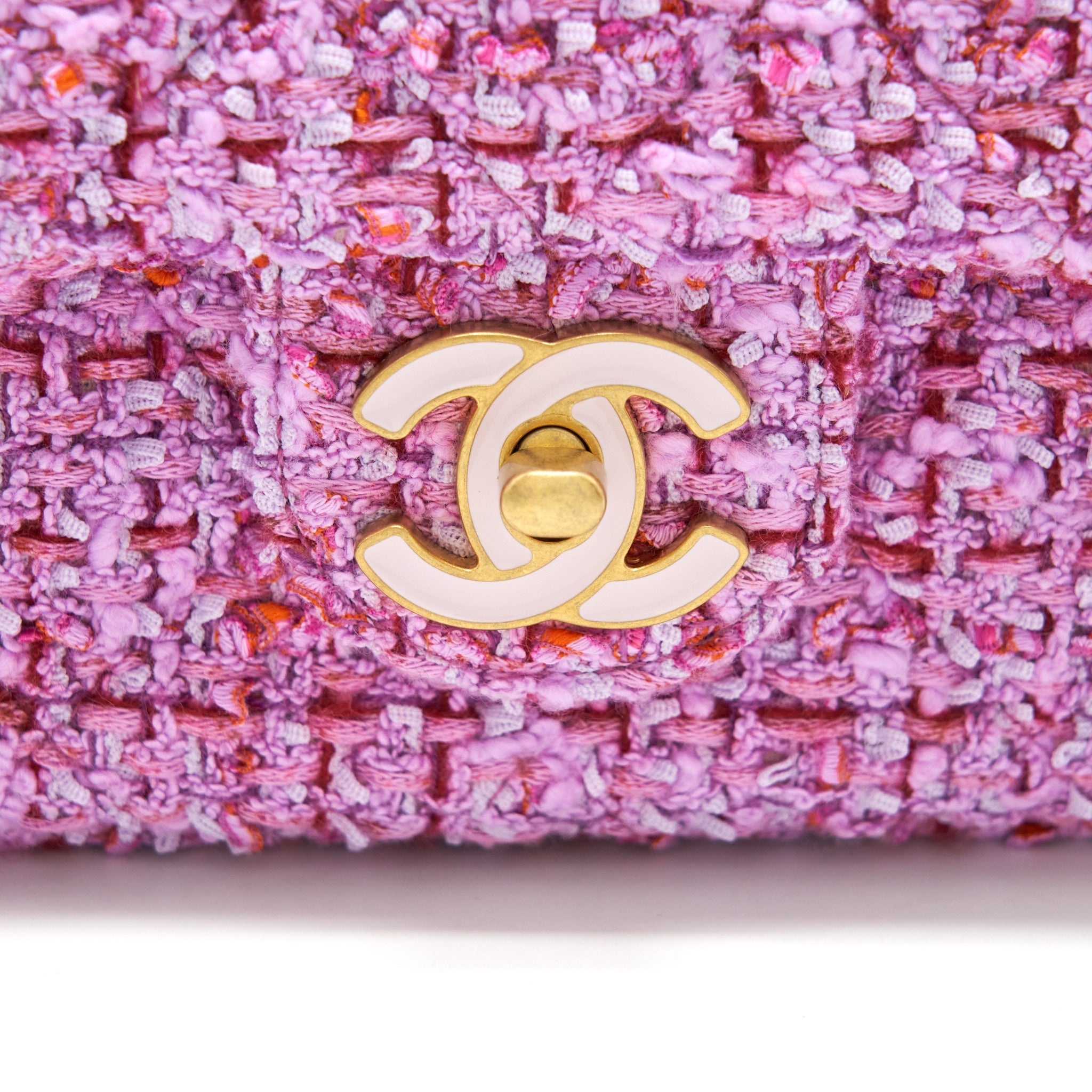 CHANEL 22P MINI SQUARE FLAP BAG TWEED PINK GOLD/PINK HARDWARE