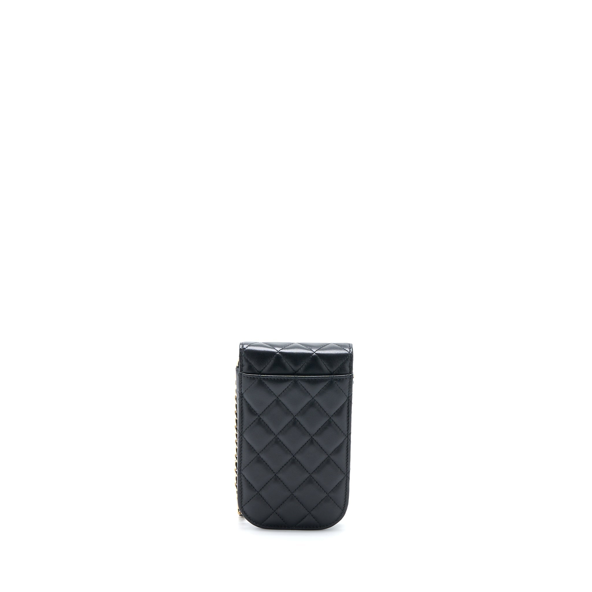 CHANEL FLAP PHONE POUCH WITH CHAIN BLACK LAMBSKIN GHW