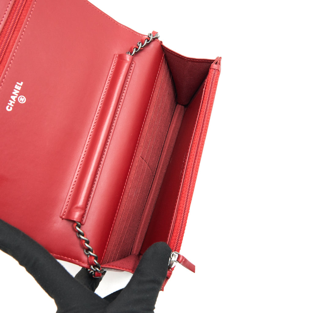 CHANEL WALLET ON CHAIN RED CALFSKIN RUTHENIUM HARDWARE