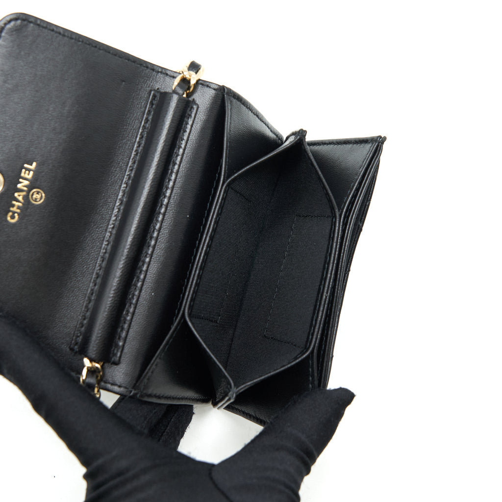 CHANEL MINI FLAP BAG WITH CAMELLIA CHAIN LAMBSKIN BLACK LGHW