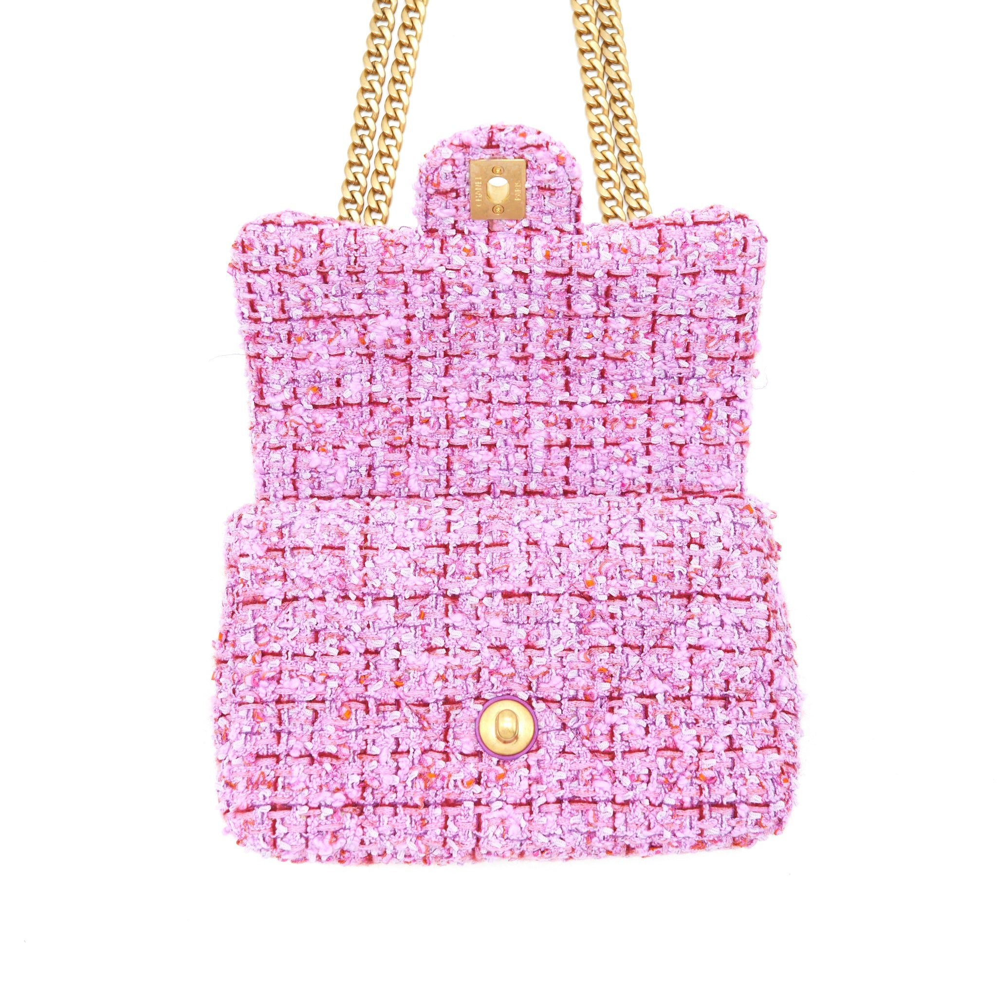 CHANEL 22P MINI SQUARE FLAP BAG TWEED PINK GOLD/PINK HARDWARE