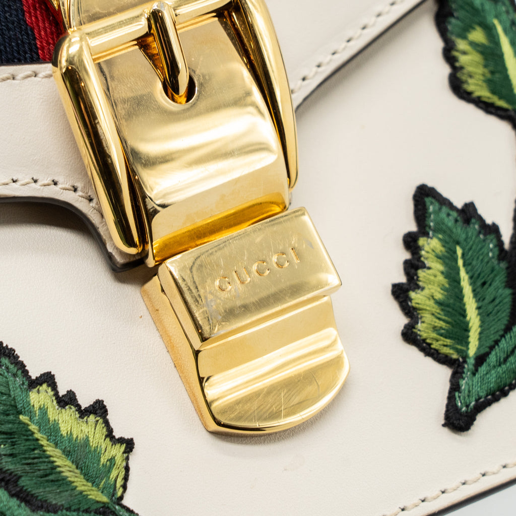 GUCCI SYLVIE EMBROIDERED SHOULDER BAG CALFSKIN WHITE GHW