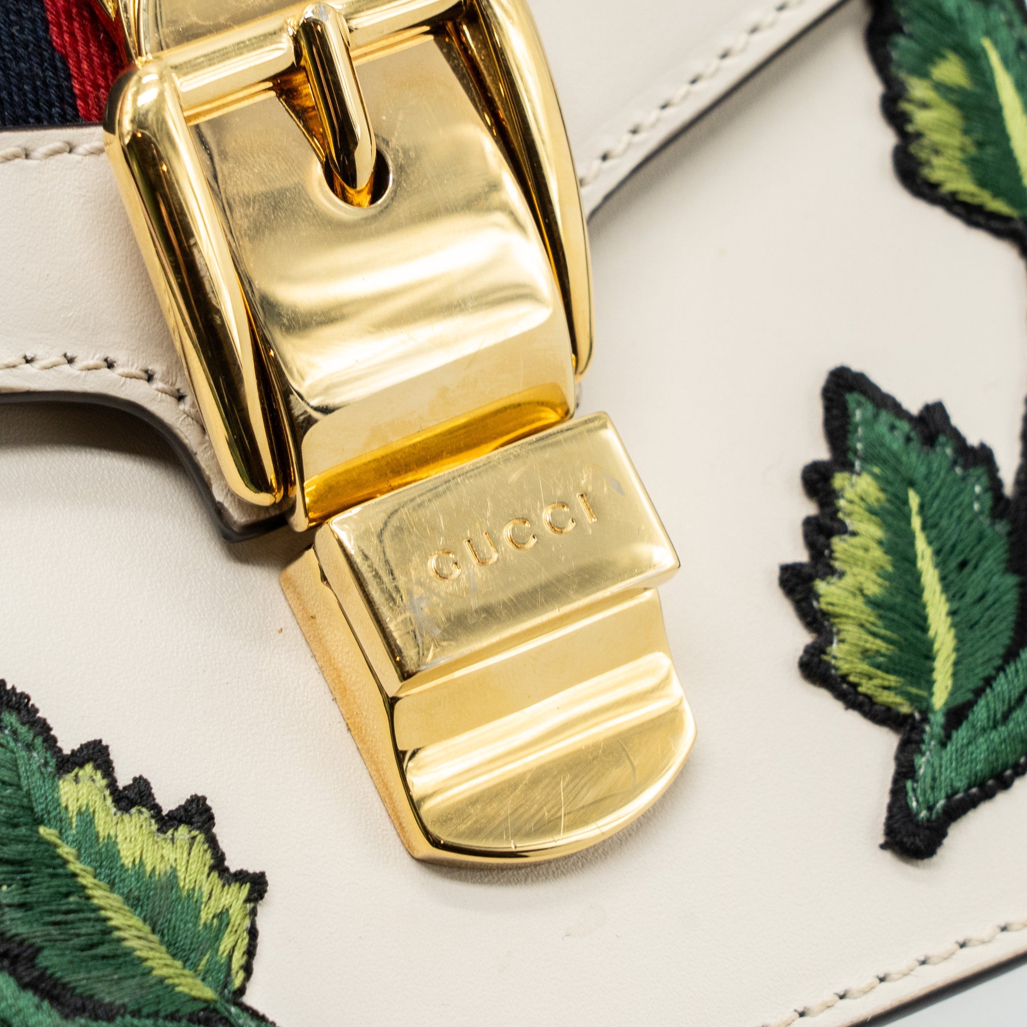 GUCCI SYLVIE EMBROIDERED SHOULDER BAG CALFSKIN WHITE GHW