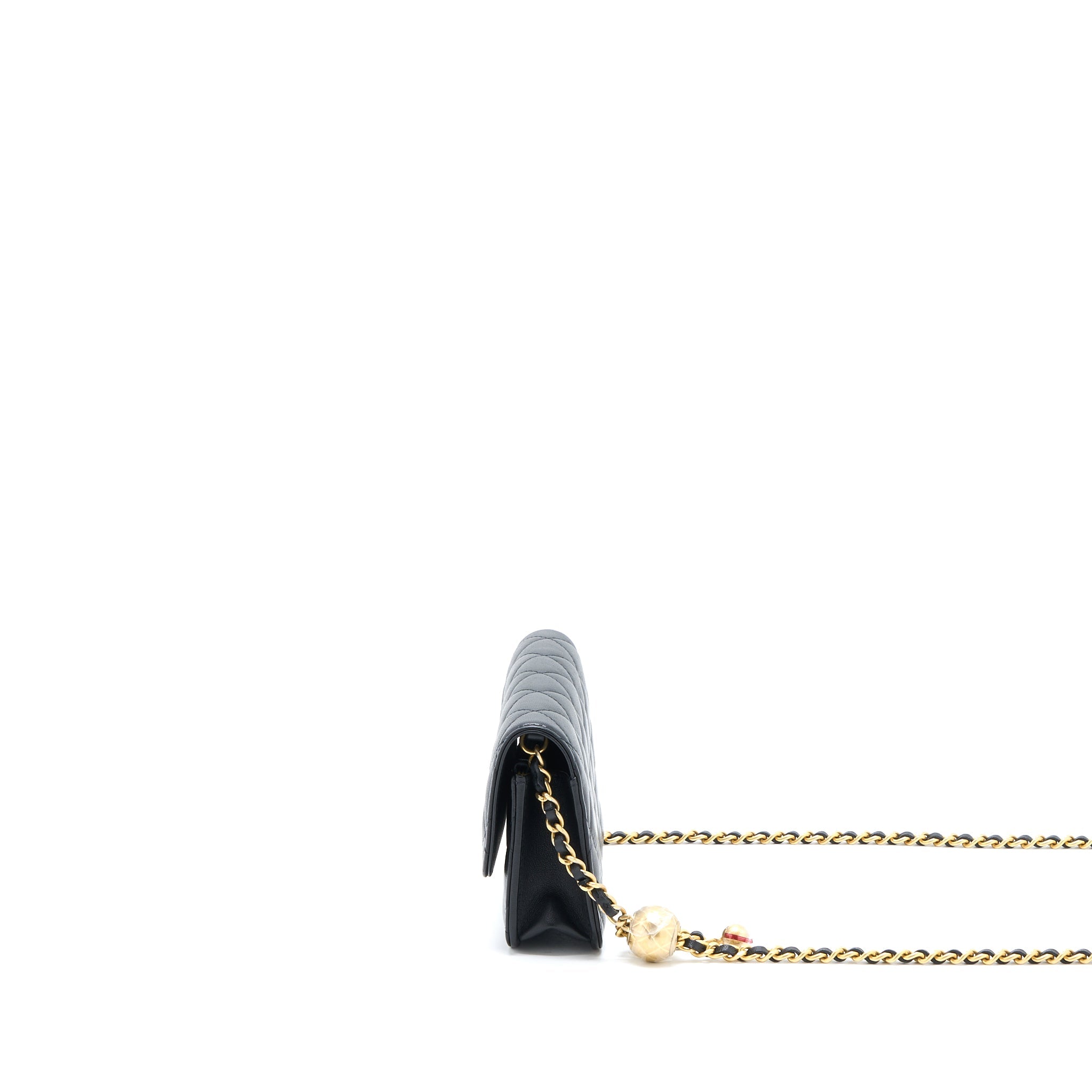 CHANEL PEARL CRUSH MINI WALLET ON CHAIN LAMBSKIN BLACK BRUSHED GHW (MICROCHIP)