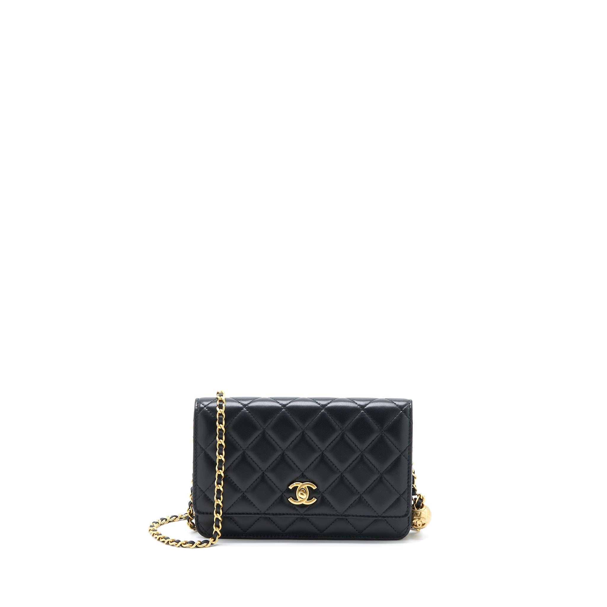 CHANEL PEARL CRUSH WALLET ON CHAIN LAMBSKIN BLACK GHW (MICROCHIP)