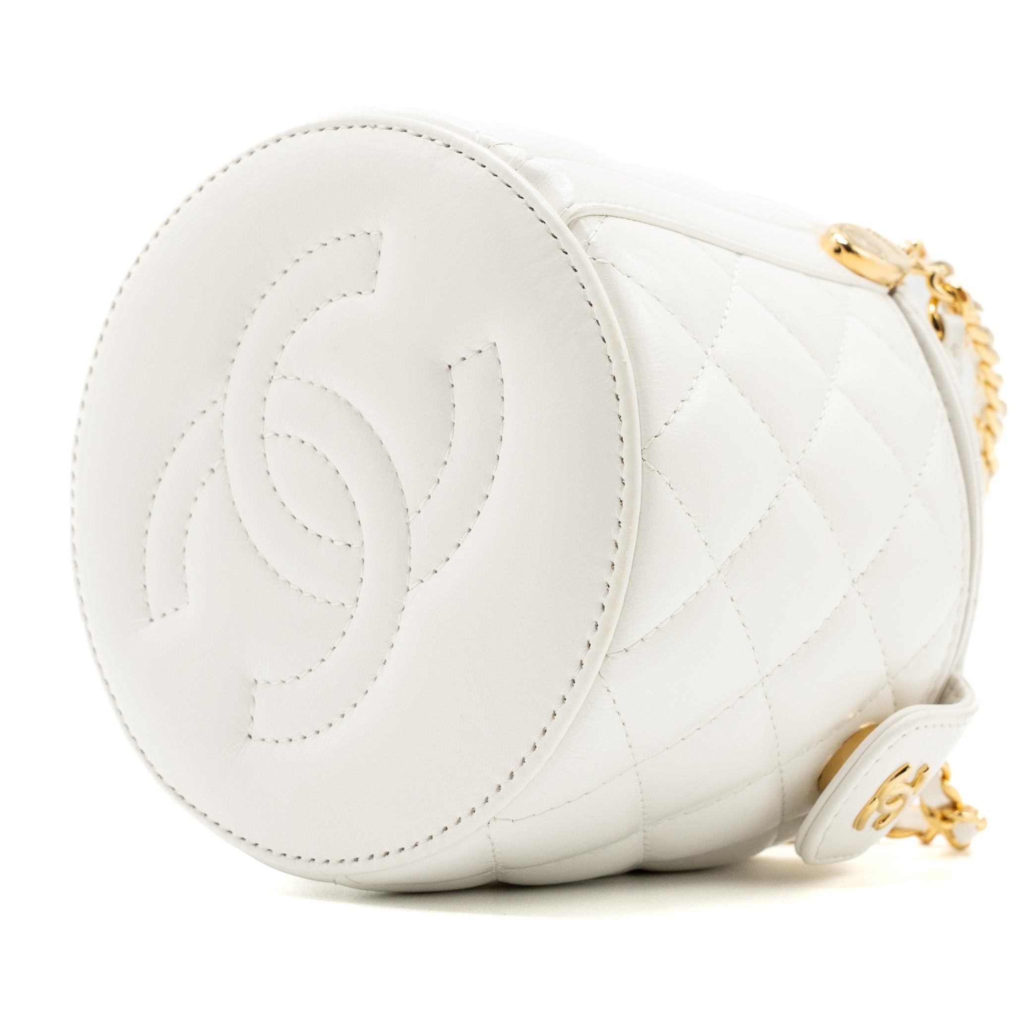 CHANEL TOP HANDLE ROUND VANITY WITH CHAIN LAMBSKIN WHITE GHW (MICROCHIP)