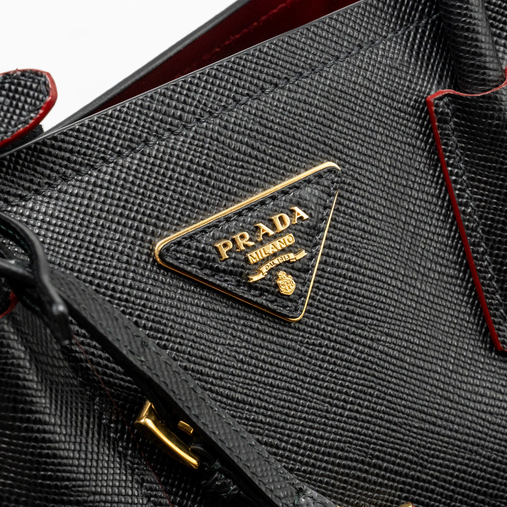 PRADA MEDIUM SAFFIANO CUIR TOTE BAG LEATHER BLACK/FUOCO GHW
