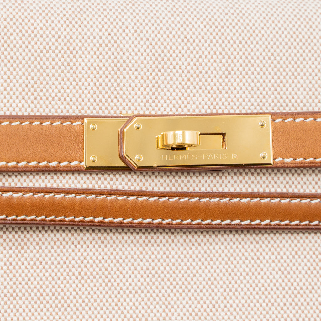 HERMES POCHETTE KELLY DEPECHES 25 CANVAS/BARENIA ECRU BEIGE/FAUVE GHW