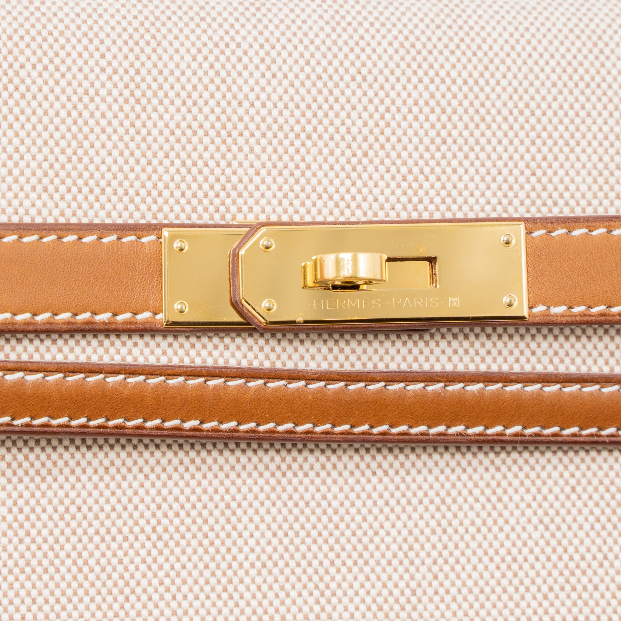 HERMES POCHETTE KELLY DEPECHES 25 CANVAS/BARENIA ECRU BEIGE/FAUVE GHW
