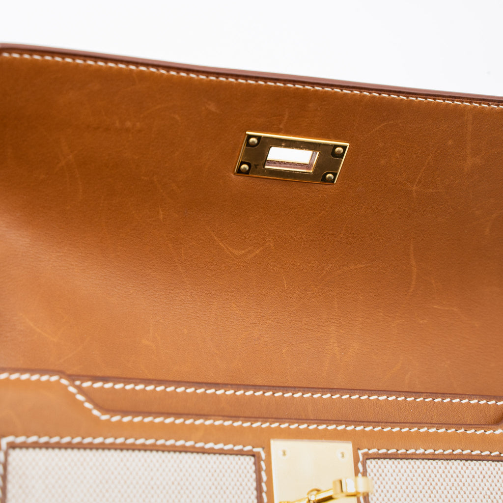 HERMES POCHETTE KELLY DEPECHES 25 CANVAS/BARENIA ECRU BEIGE/FAUVE GHW