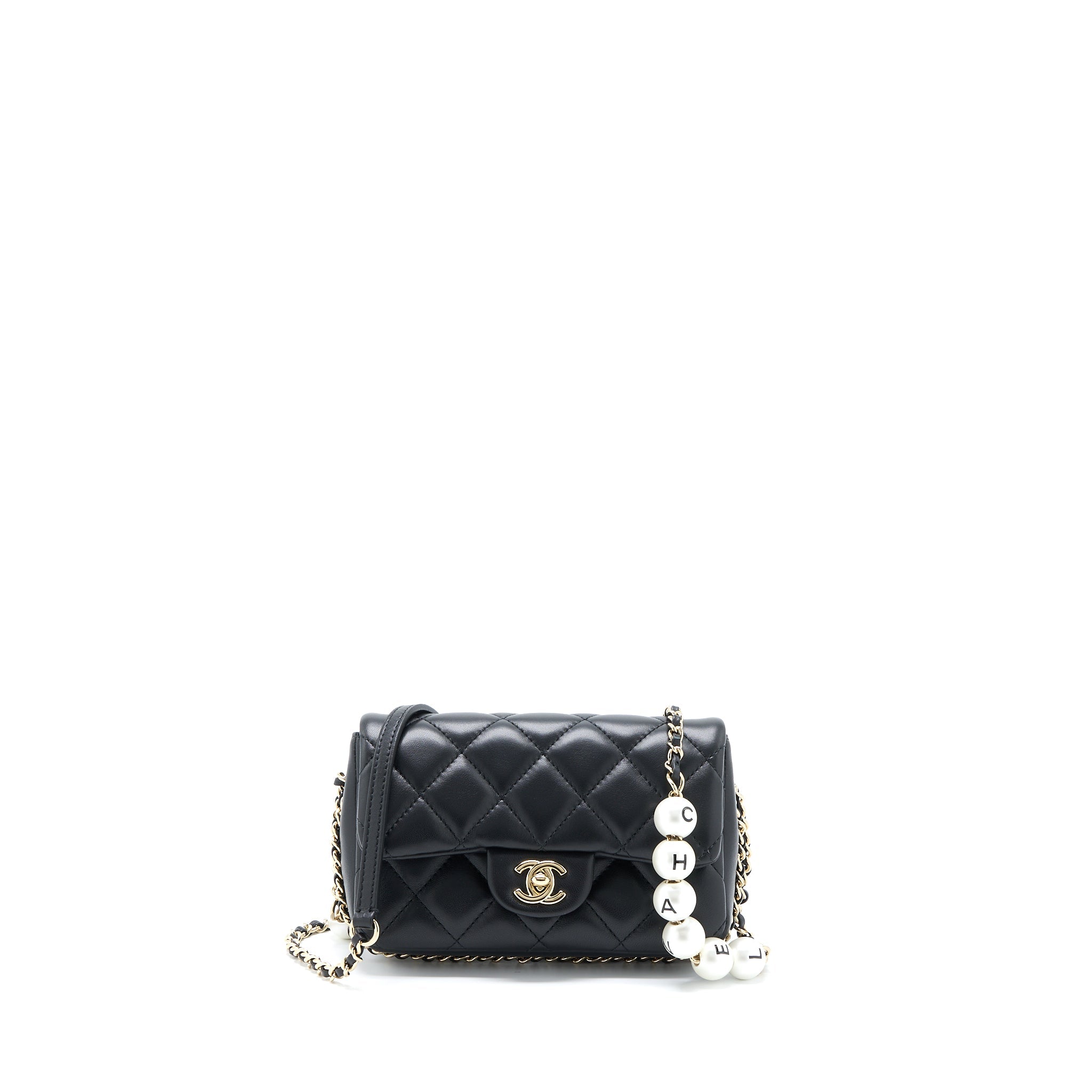 CHANEL PEARL CHAIN FLAP BAG QUILTED LAMBSKIN BLACK LGHW