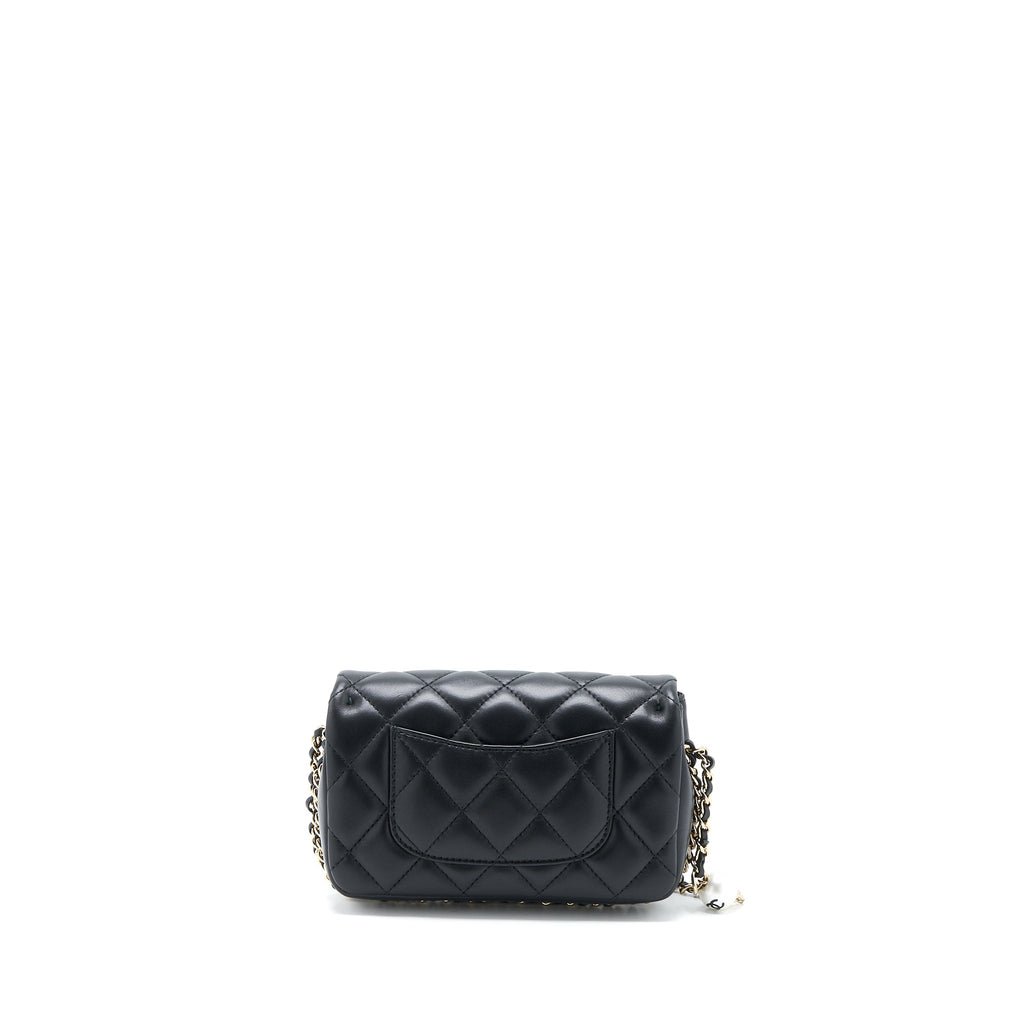 CHANEL PEARL CHAIN FLAP BAG QUILTED LAMBSKIN BLACK LGHW