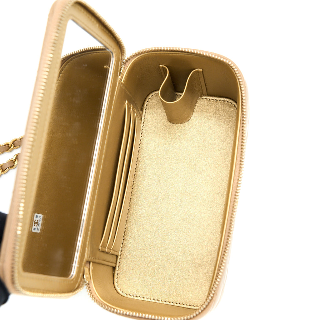 CHANEL PEARL CRUSH LONG VANITY CASE LAMBSKIN DARK BEIGE GHW