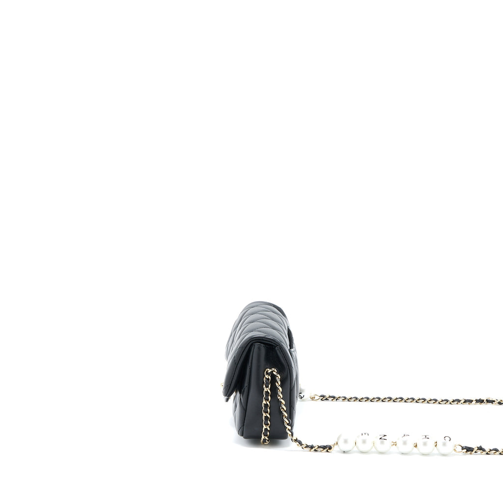 CHANEL PEARL CHAIN FLAP BAG QUILTED LAMBSKIN BLACK LGHW