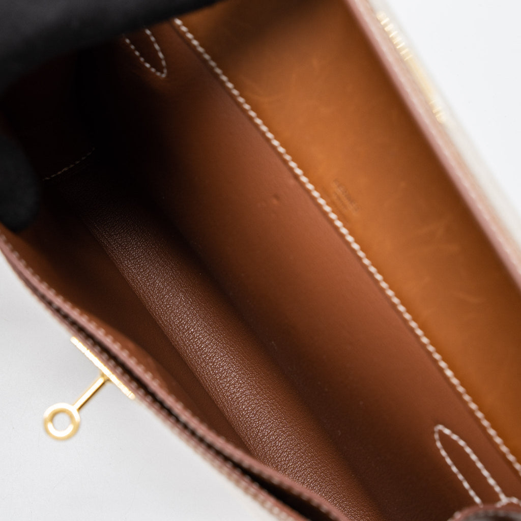 HERMES POCHETTE KELLY DEPECHES 25 CANVAS/BARENIA ECRU BEIGE/FAUVE GHW