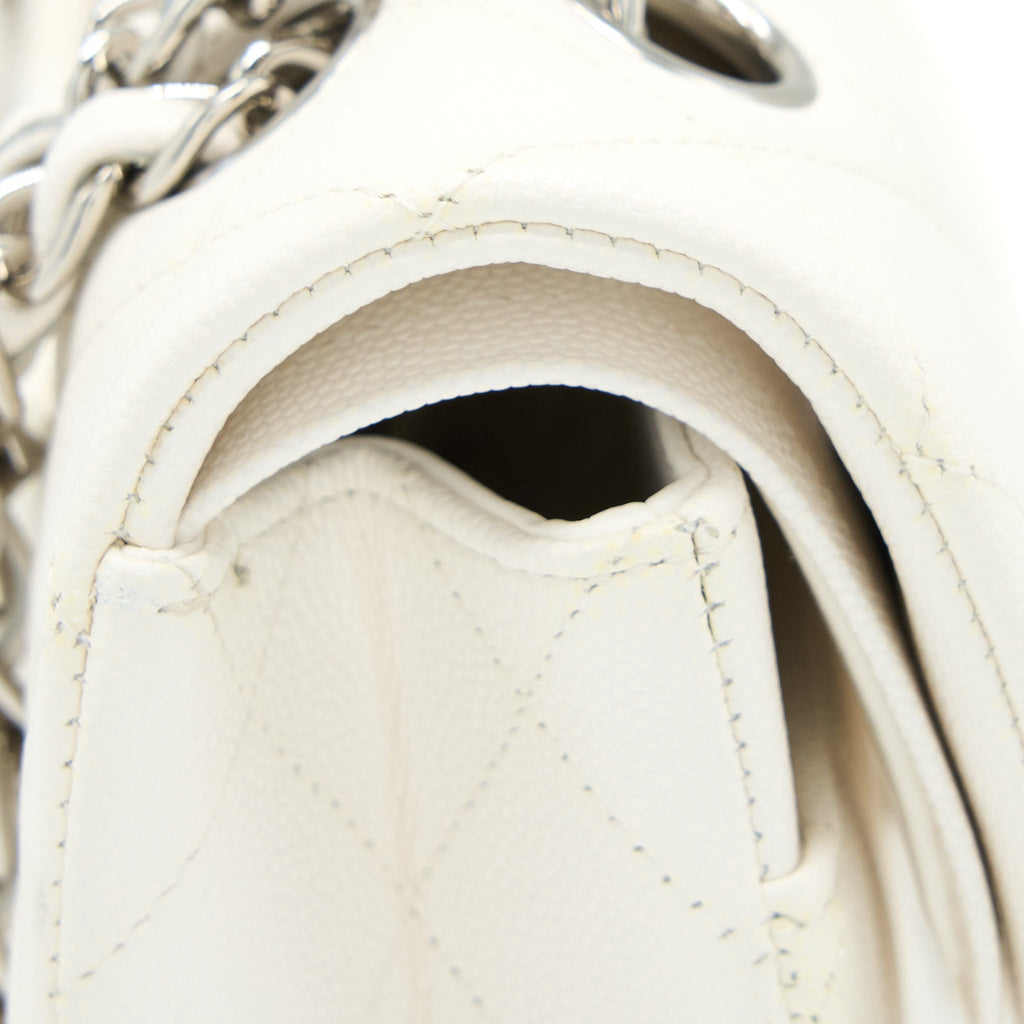CHANEL MEDIUM CLASSIC DOUBLE FLAP BAG CAVIAR WHITE SHW (MICROCHIP)