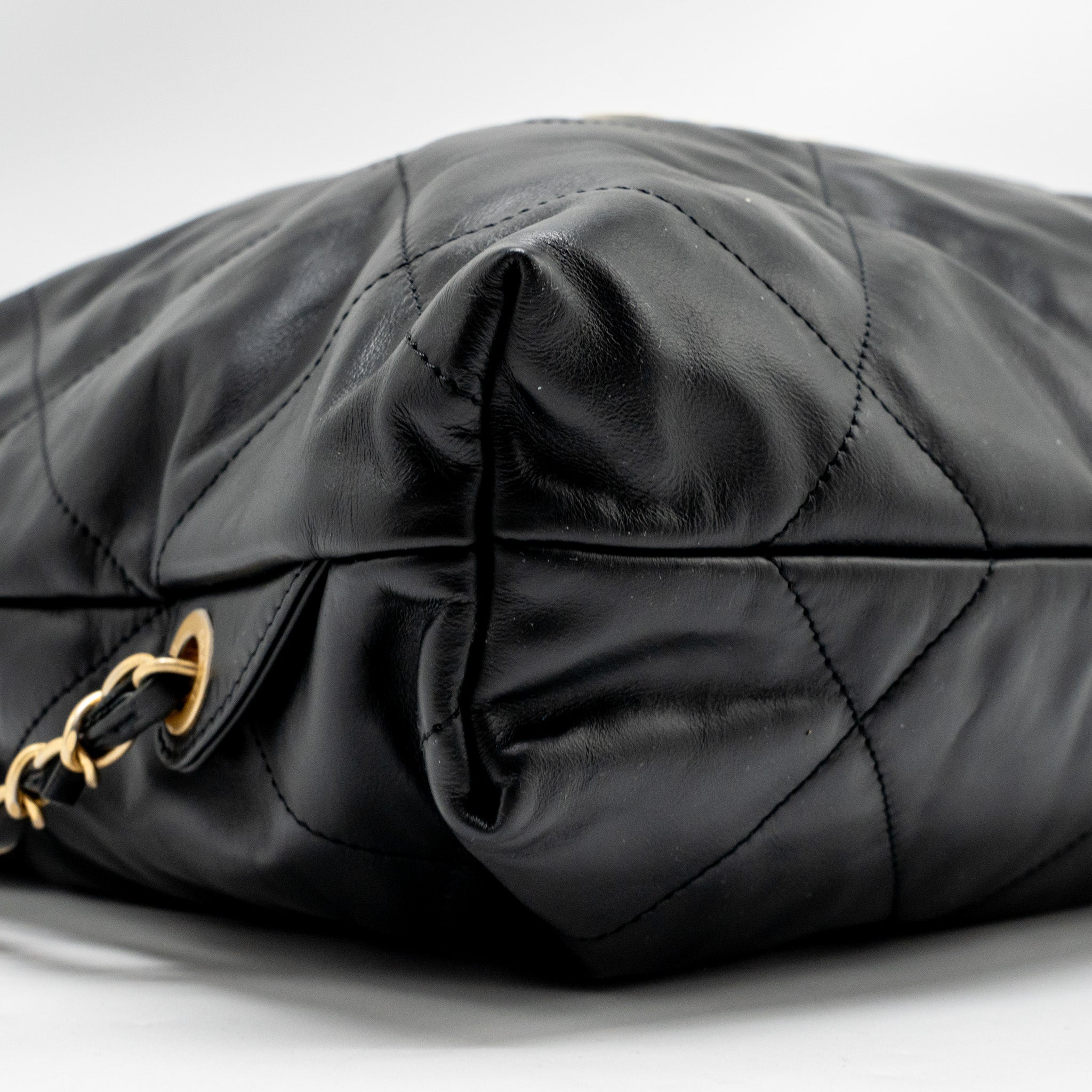CHANEL 22 BACKPACK WHITE LETTER LOGO SHINY CALFSKIN BLACK GHW (MICROCHIP)