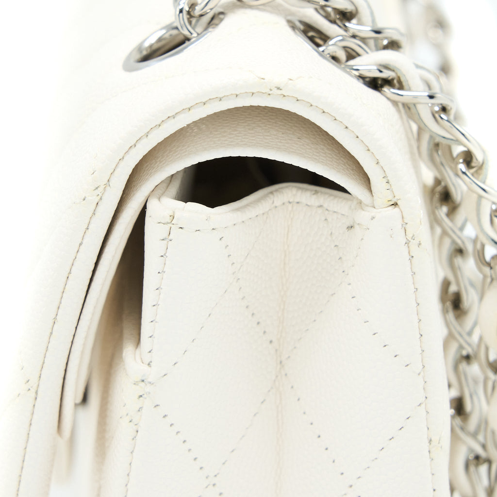 CHANEL MEDIUM CLASSIC DOUBLE FLAP BAG CAVIAR WHITE SHW (MICROCHIP)