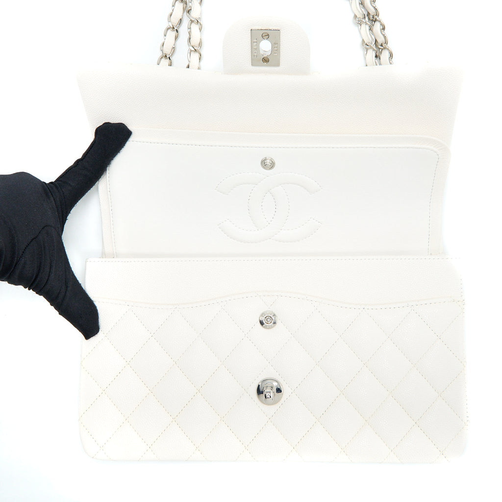 CHANEL MEDIUM CLASSIC DOUBLE FLAP BAG CAVIAR WHITE SHW (MICROCHIP)
