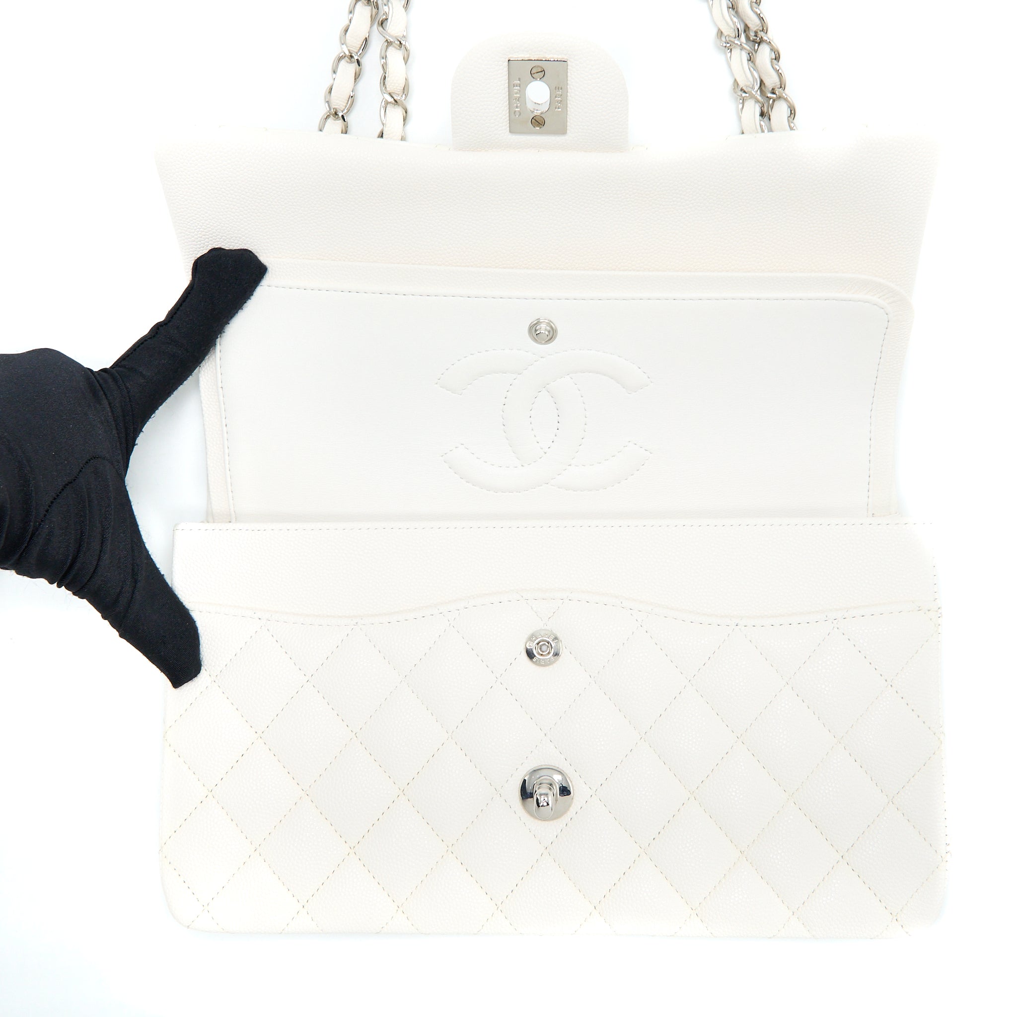 CHANEL MEDIUM CLASSIC DOUBLE FLAP BAG CAVIAR WHITE SHW (MICROCHIP)