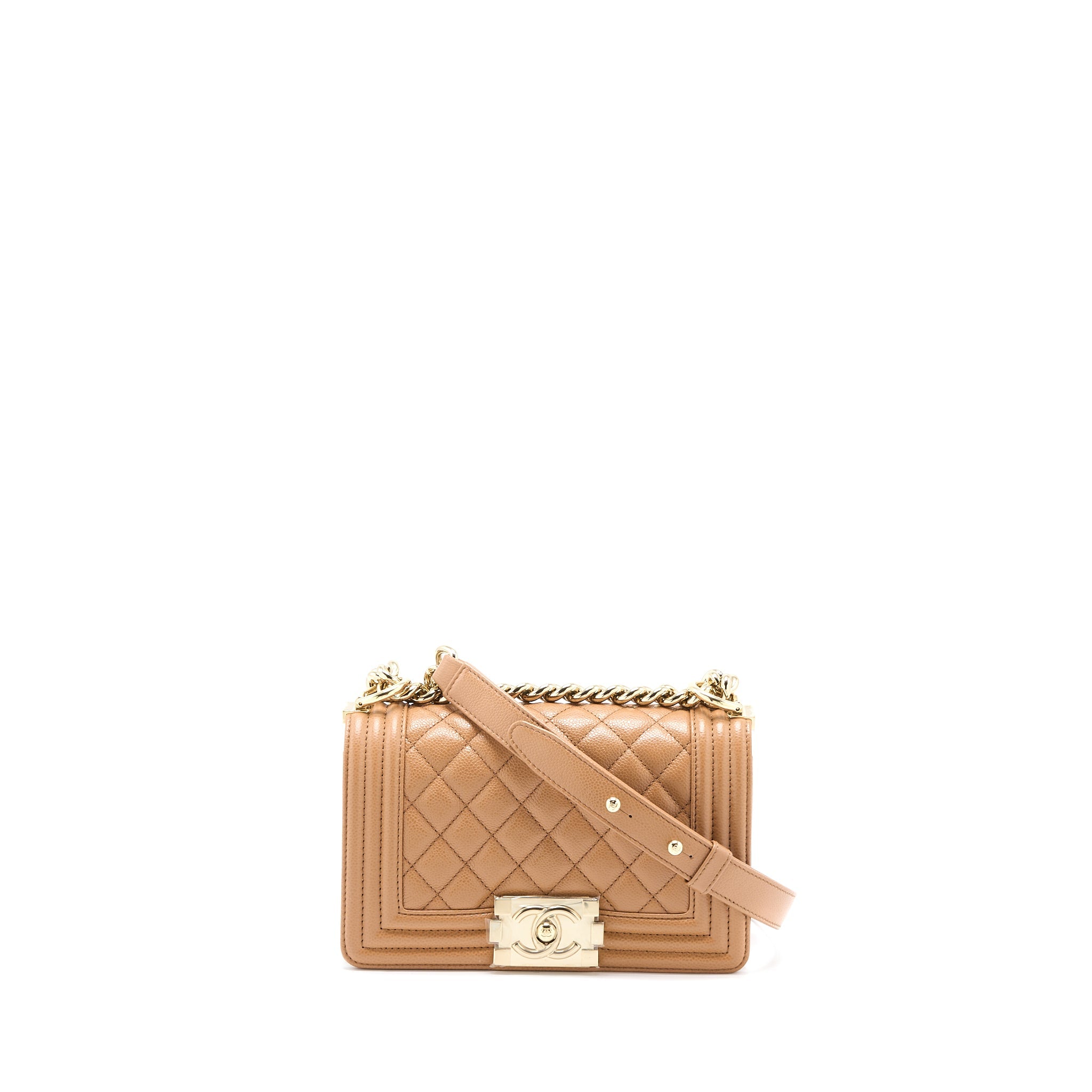 CHANEL 21K SMALL BOY BAG CAVIAR CAMEL LGHW (MICROCHIP)