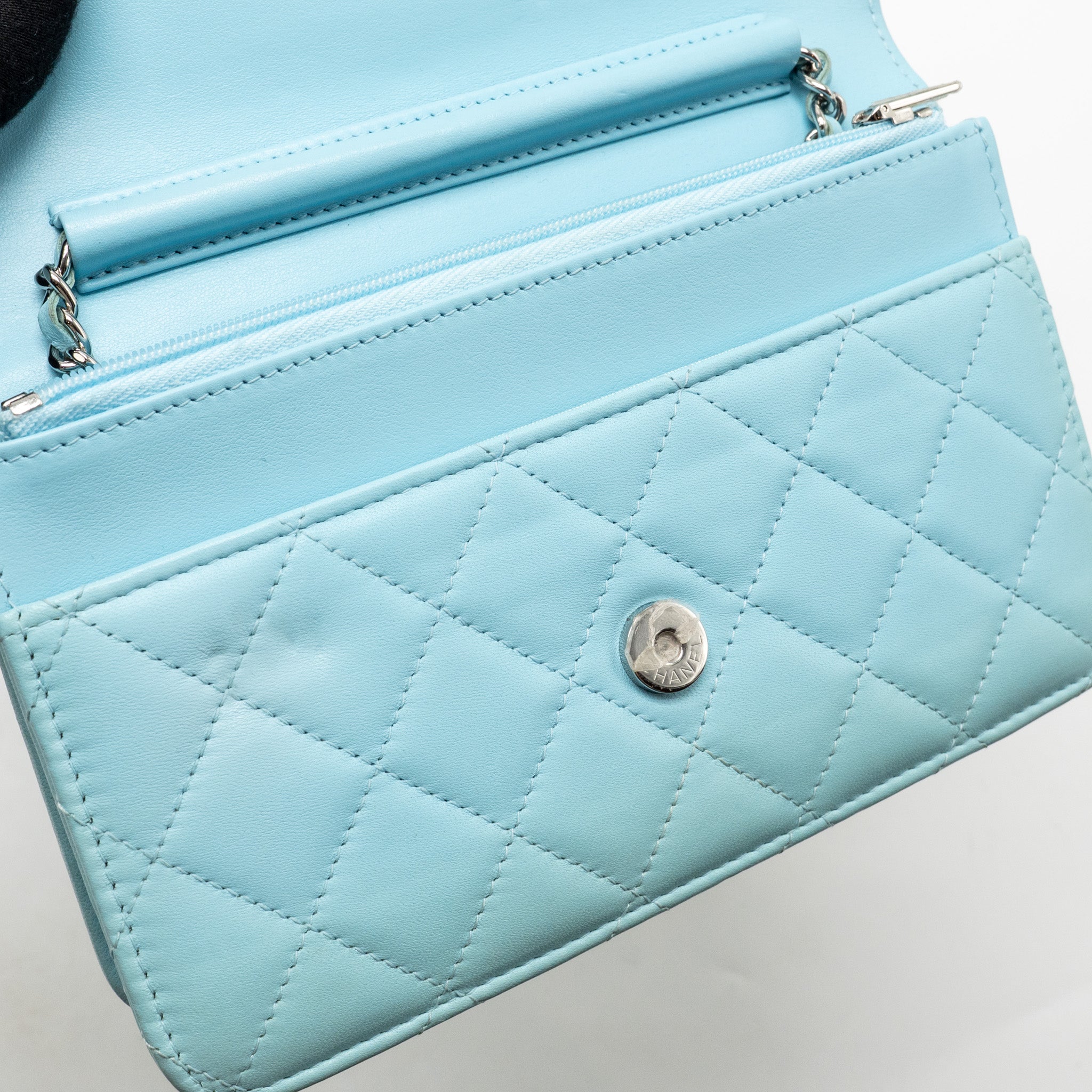 CHANEL CLASSIC WALLET ON CHAIN LAMBSKIN LIGHT BLUE SHW