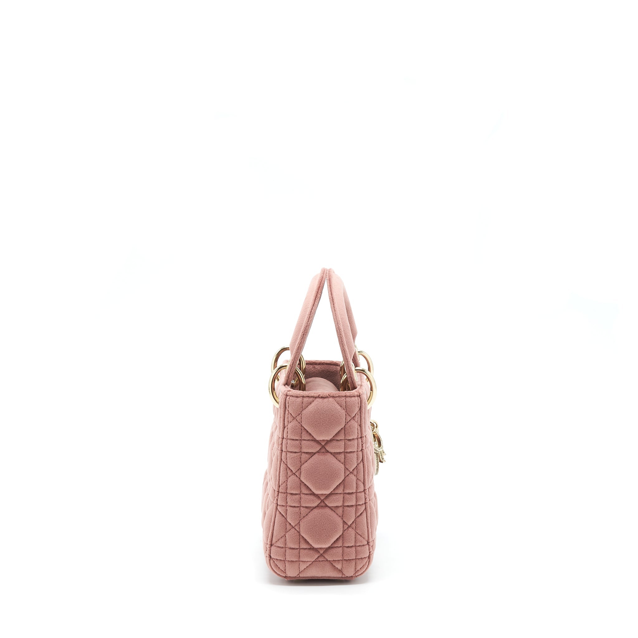 DIOR MINI LADY DIOR VELVET PINK WITH CRYSTAL LIGHT GOLD HARDWARE