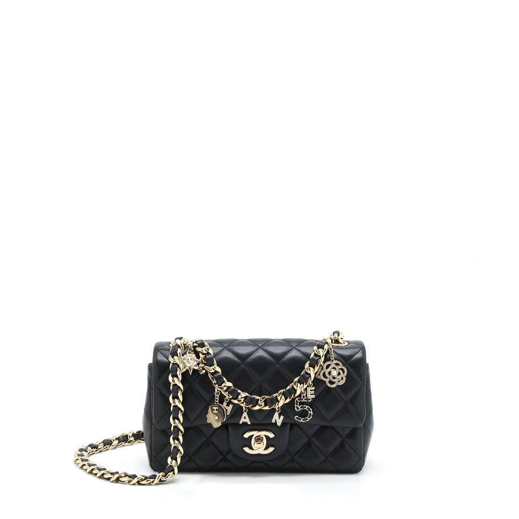 CHANEL MINI RECTANGULAR FLAP BAG WITH BAG CHARMS GIANT CHAINS LAMBSKIN BLACK GHW