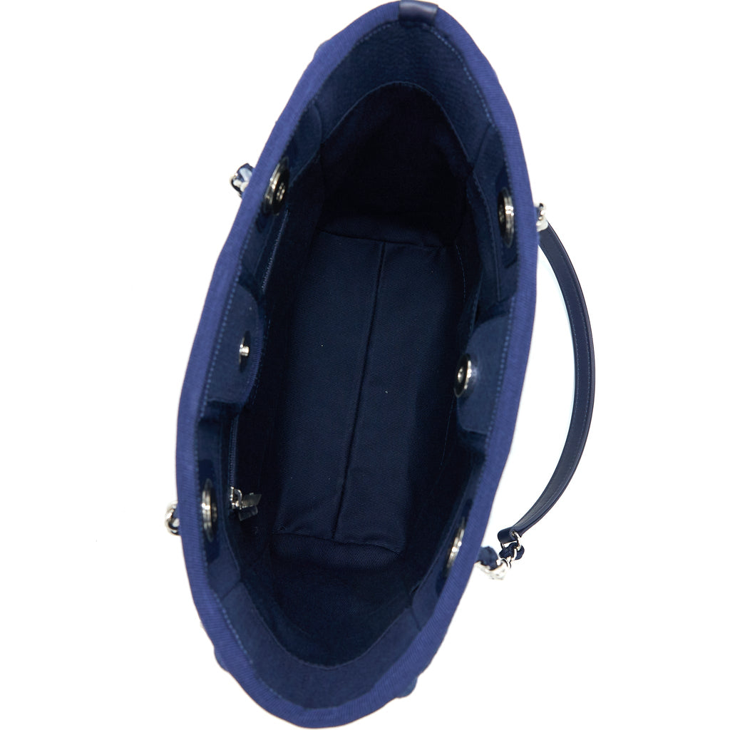 CHANEL PM DEAUVILLE TOTE BAG CANVAS NAVY SHW (MICROCHIP)