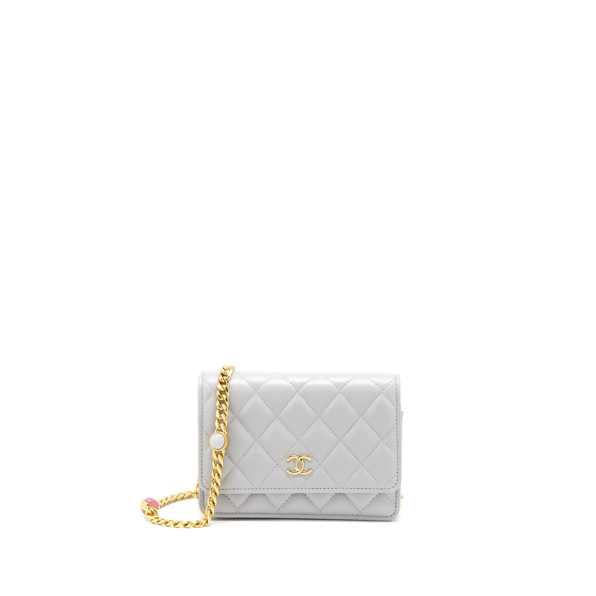CHANEL MINI SQUARE WALLET ON CHAIN WITH GEM CHAINS LAMBSKIN LIGHT GREY LGHW