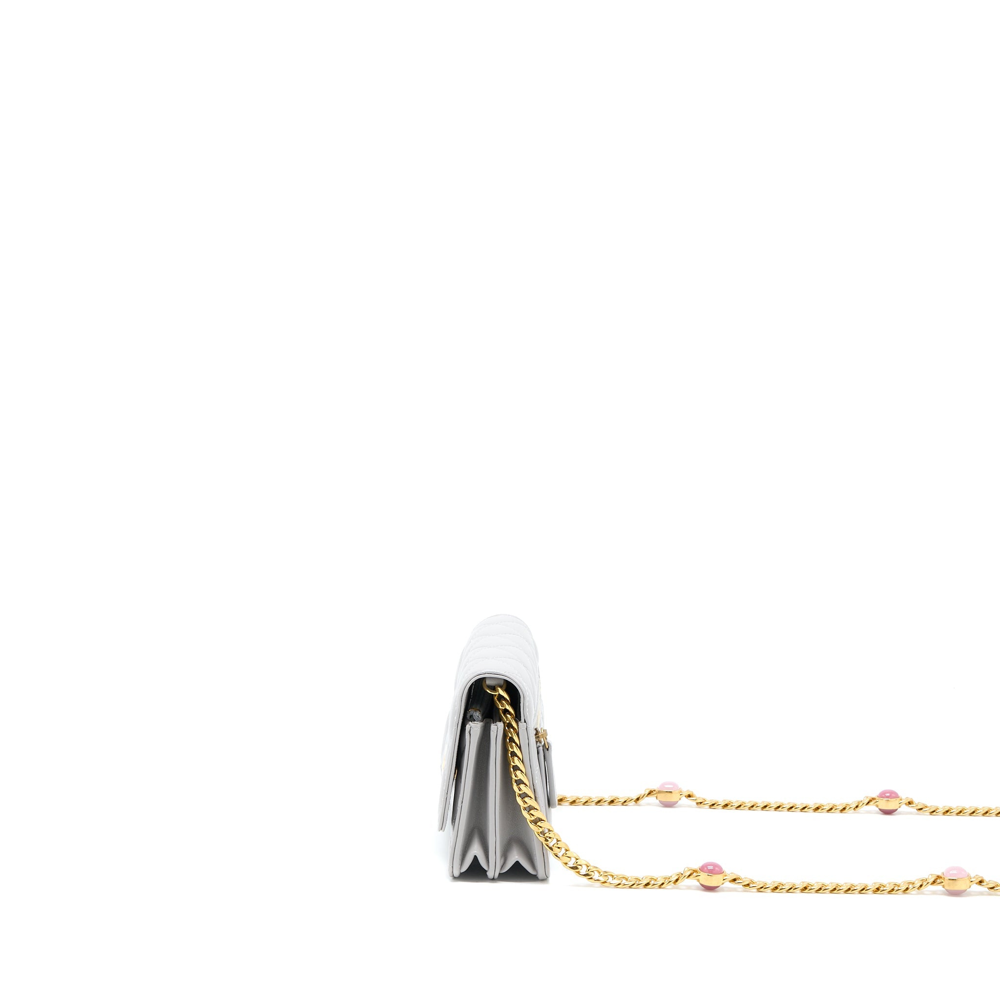 CHANEL MINI SQUARE WALLET ON CHAIN WITH GEM CHAINS LAMBSKIN LIGHT GREY LGHW